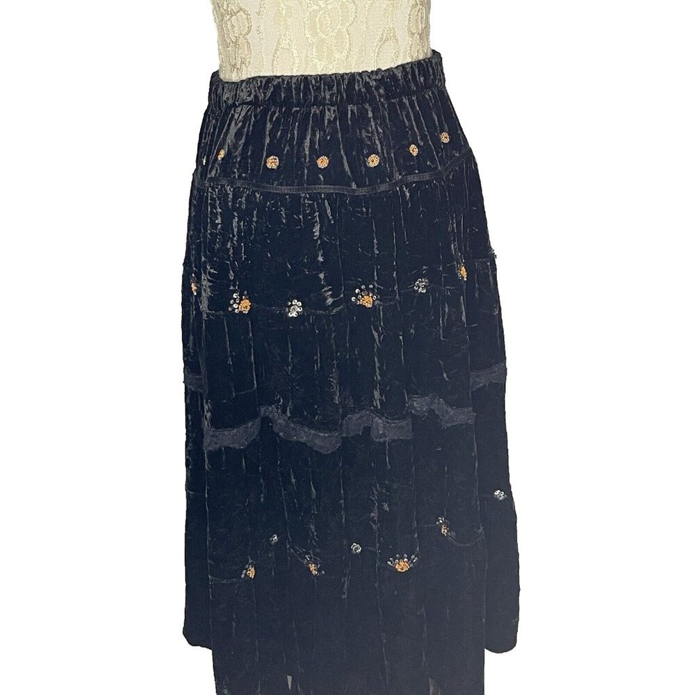 Velvet Maxi Skirt Size S Black Sequin Beaded Layered Gypsy Peasant BOHO 4 layers
